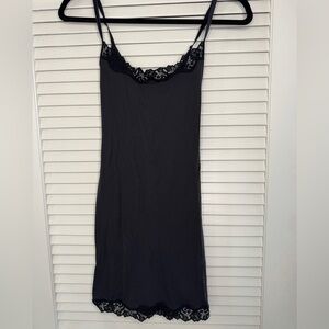 SKIMS Black Chemise with Lace Trim and Spaghetti Straps